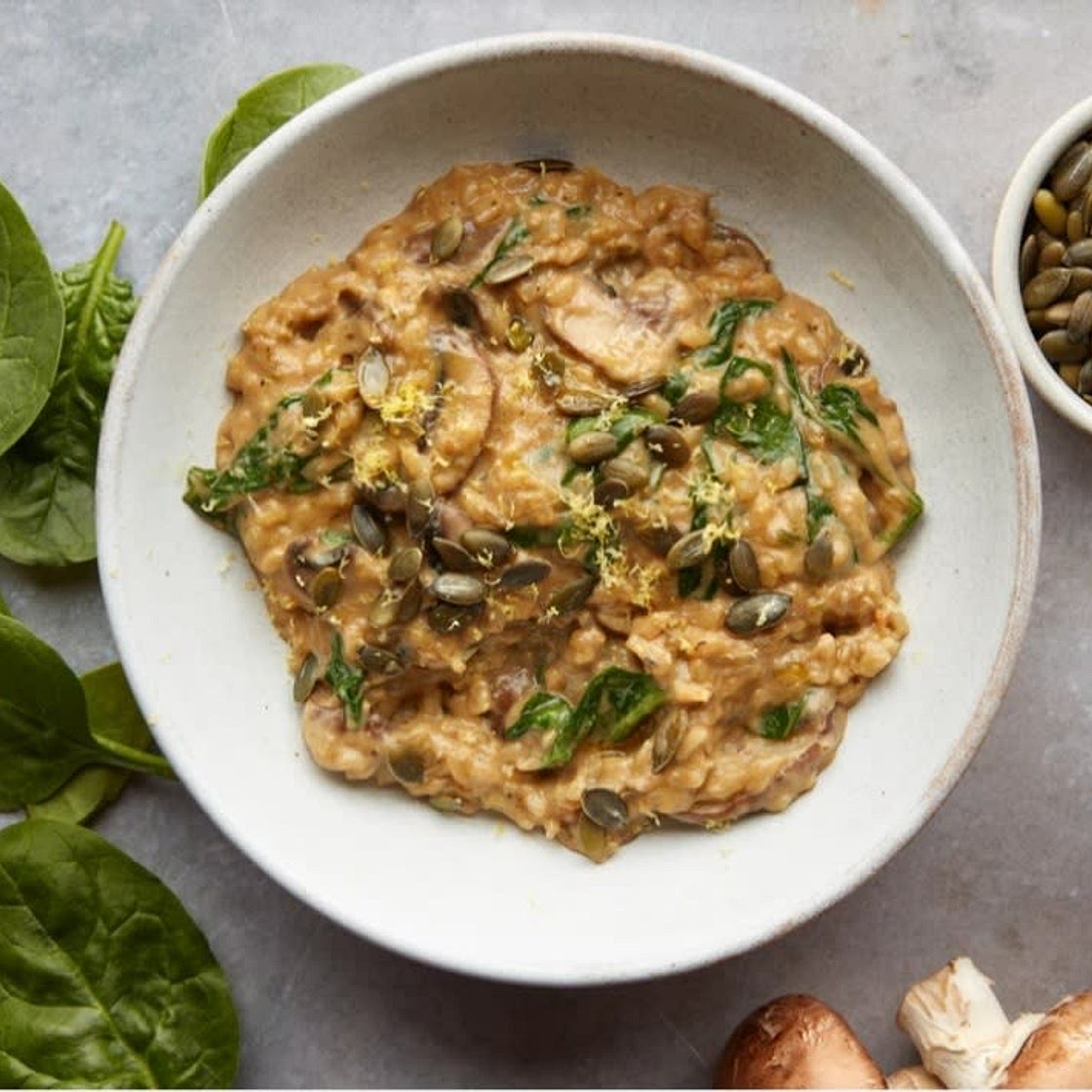 Mushroom & spinach risotto with basil pesto