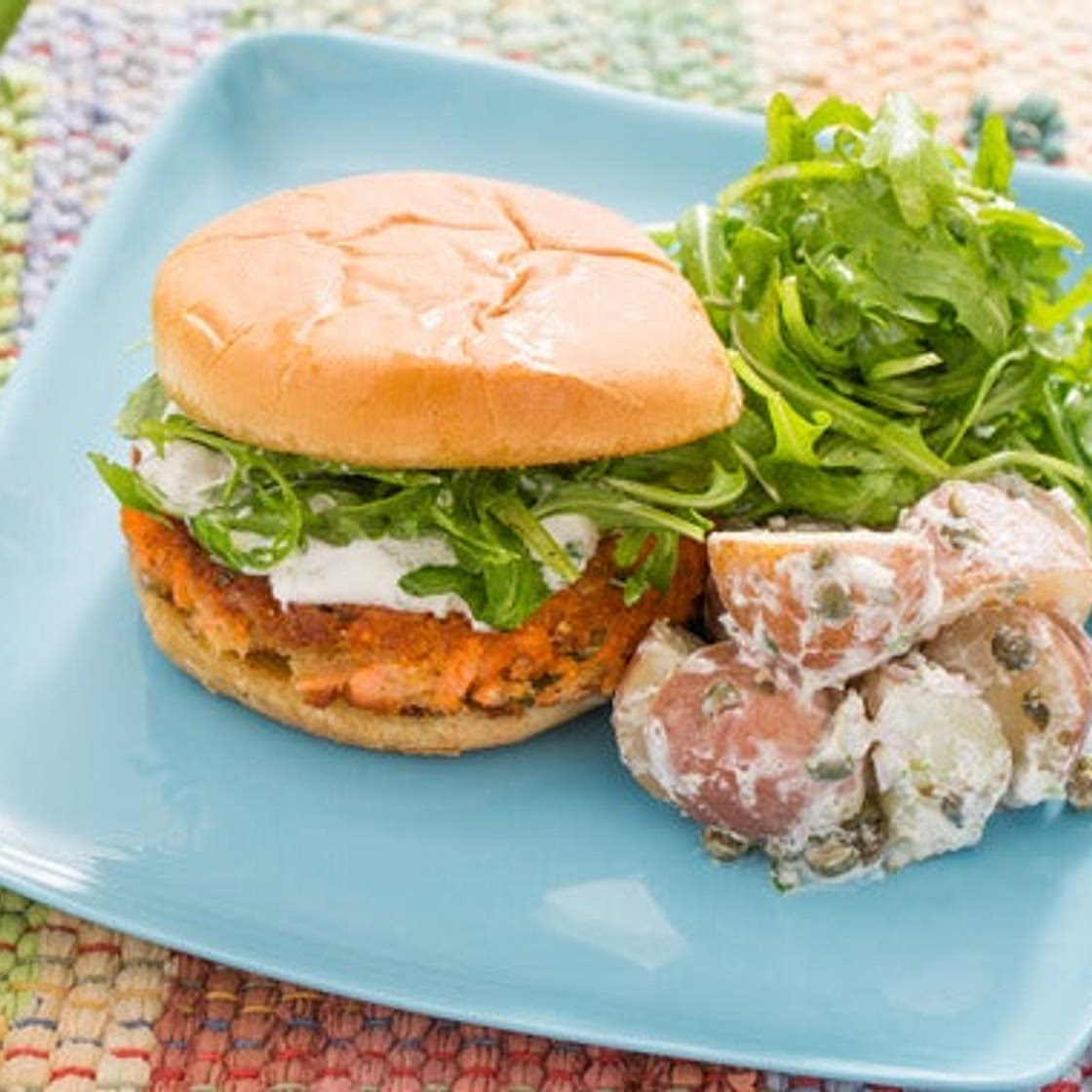 Salmon Burgers with Crème Fraîche Sauce, Arugula & Potato Salad