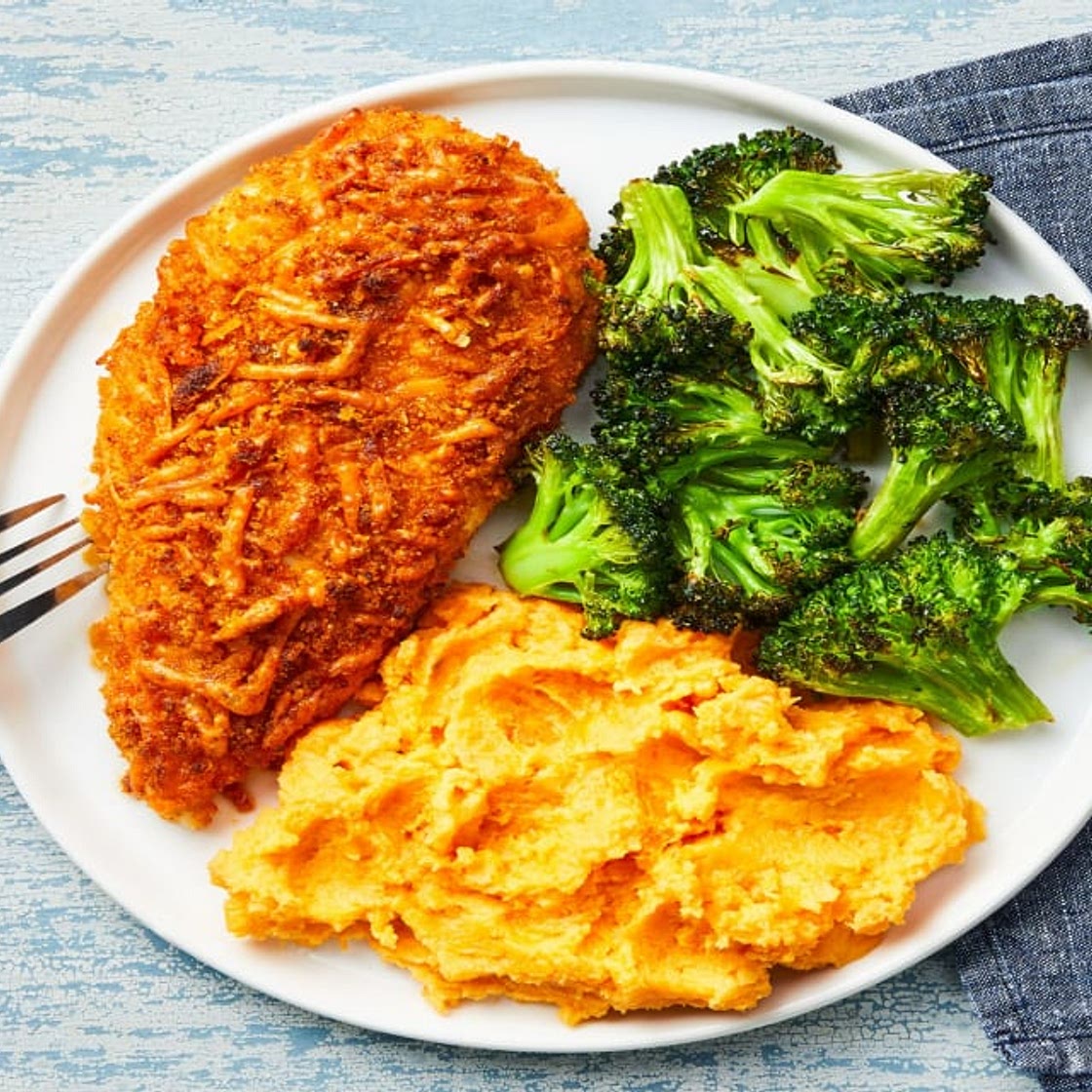 Cheddar-Crusted Chicken with Buttery Mashed Sweet Potatoes and Roasted Broccoli