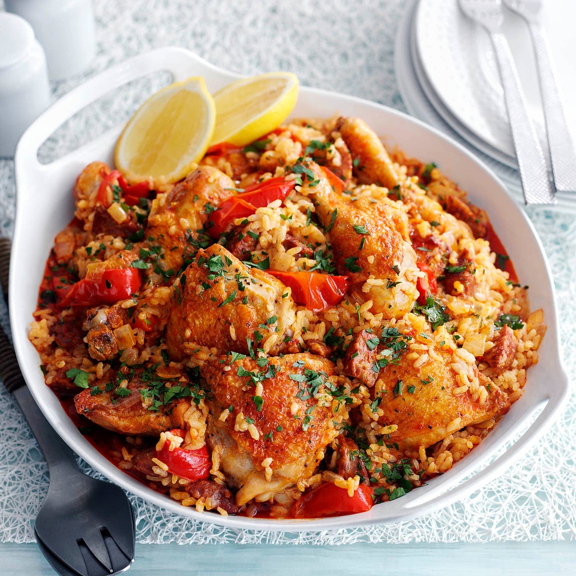 Baked Spanish rice with chicken and chorizo