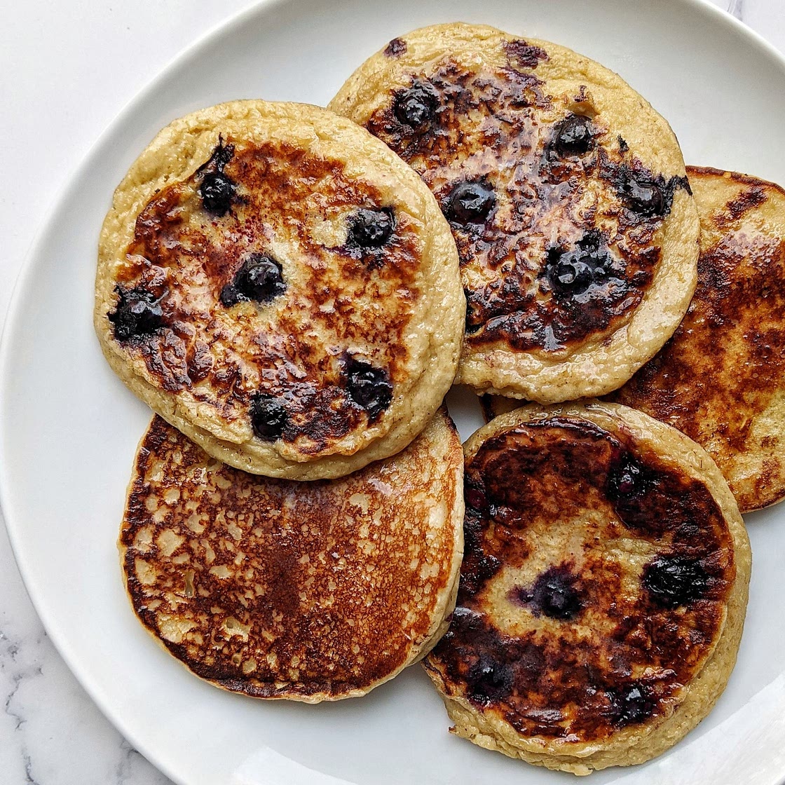 Oatmeal Blueberry Yogurt Pancakes (gluten free, high protein!)