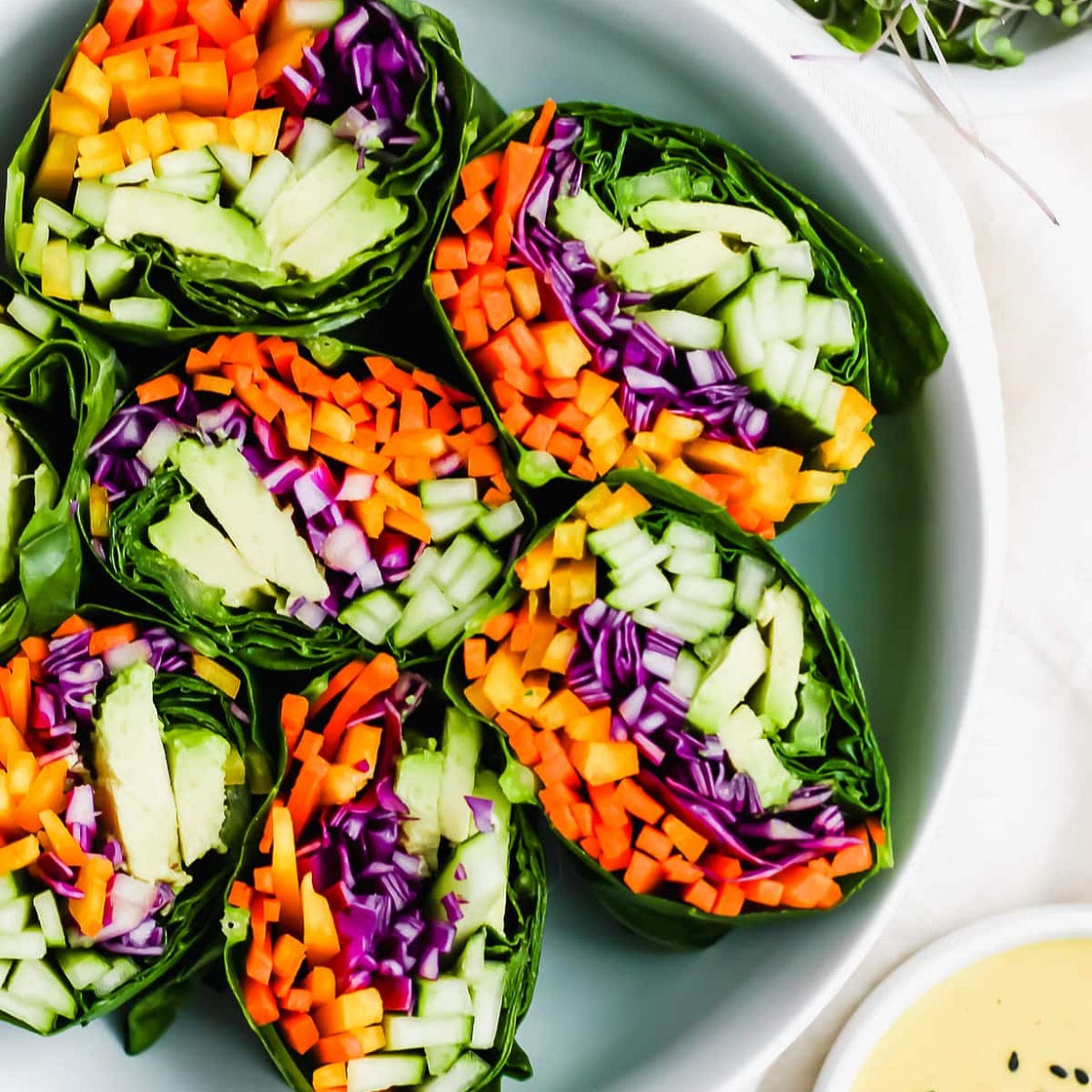 Raw Rainbow Wraps with Ginger Tahini Dressing
