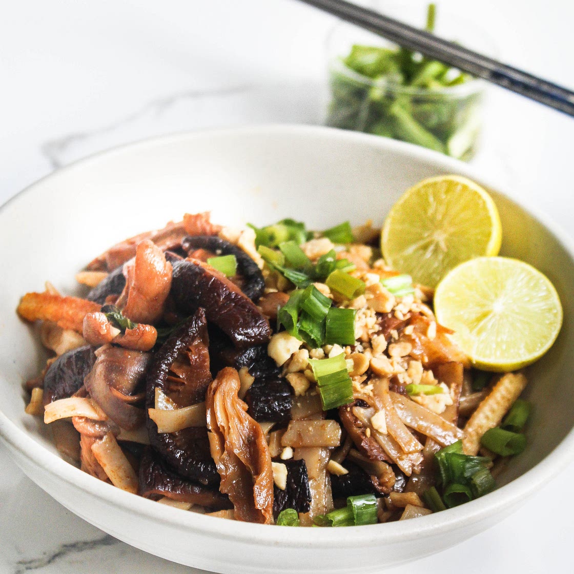 Vegetarian pad thai (rice noodles) with mushrooms, bok choy and baby corns