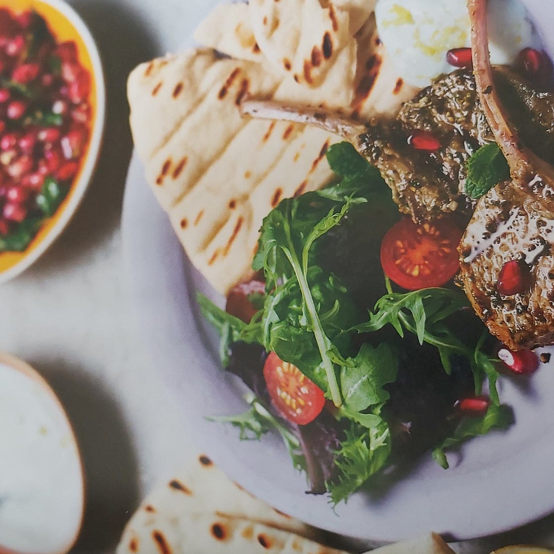 MINTED LAMB WITH POMEGRANATE SALSA + GARLIC YOGHURT