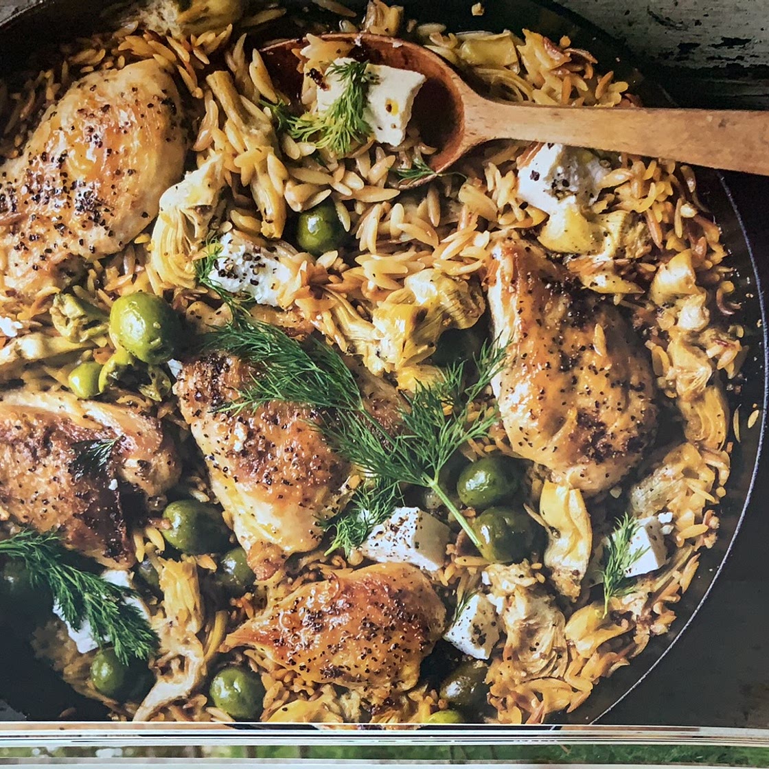 White Wine-Braised Chicken with Artichokes & Orzo
