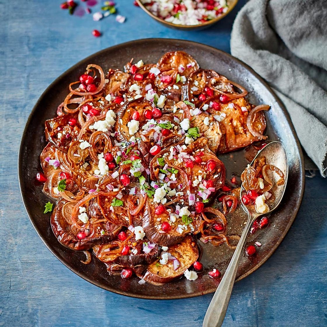 Warm aubergine, pomegranate and onion salad