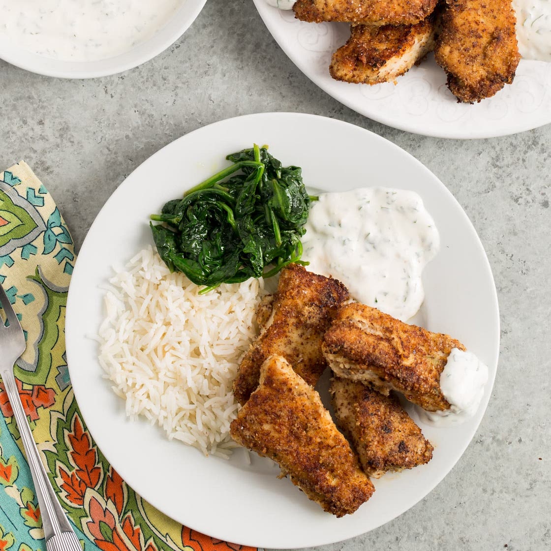 Recipe: Almond-Crusted Chicken Fingers with Yogurt-Herb Dip