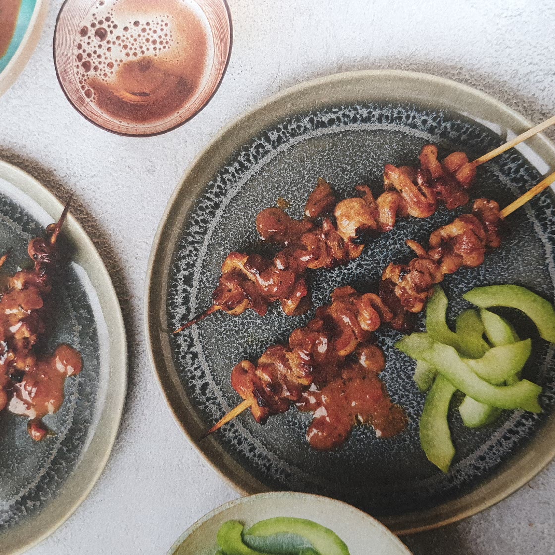 Satay skewers with quick pickled cucumber