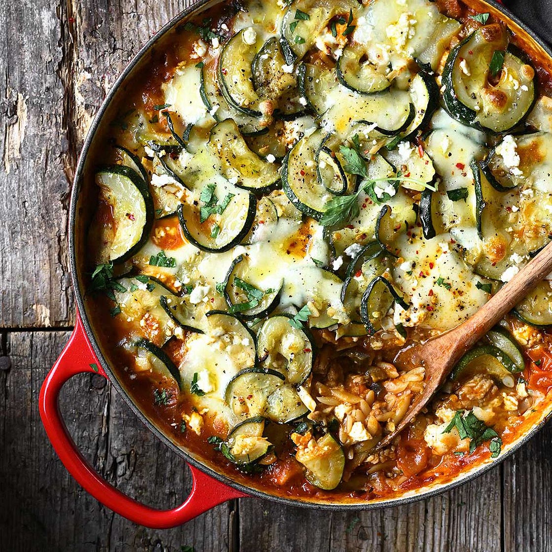 One Pan Zucchini and Eggplant Orzo Bake