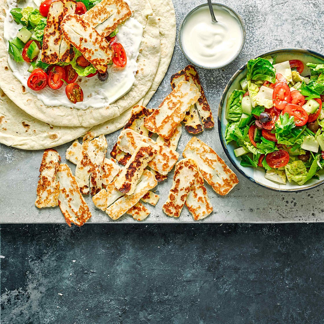 Halloumi and Greek salad wraps