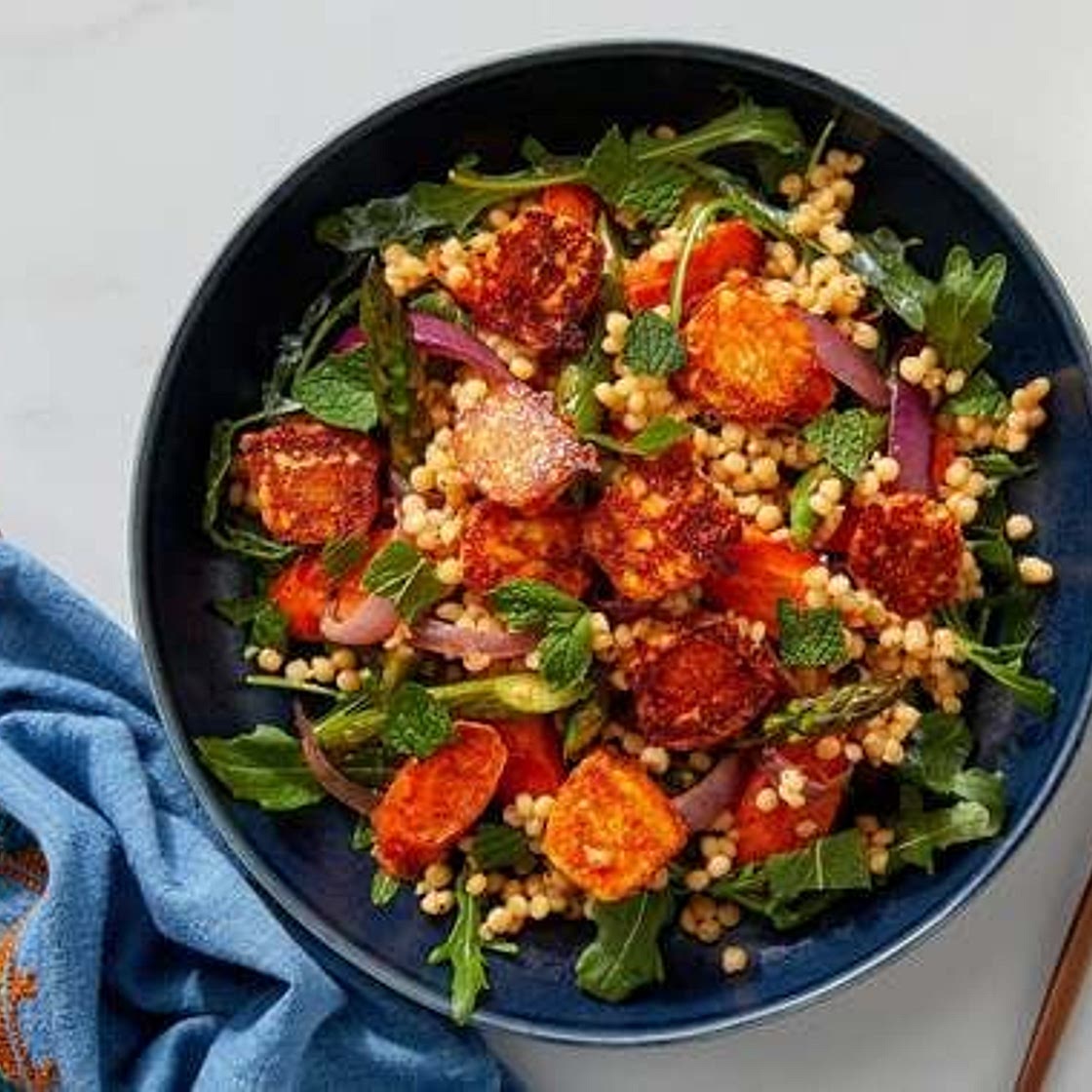 Crispy Paneer Cheese over Roasted Vegetable, Couscous & Arugula Salad