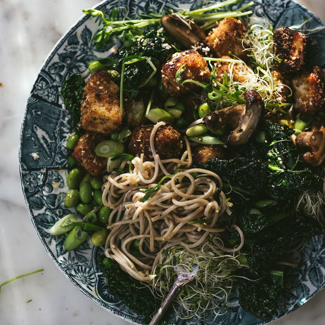 Karaage tofu (Japanese fried tofu) recipe with noodles