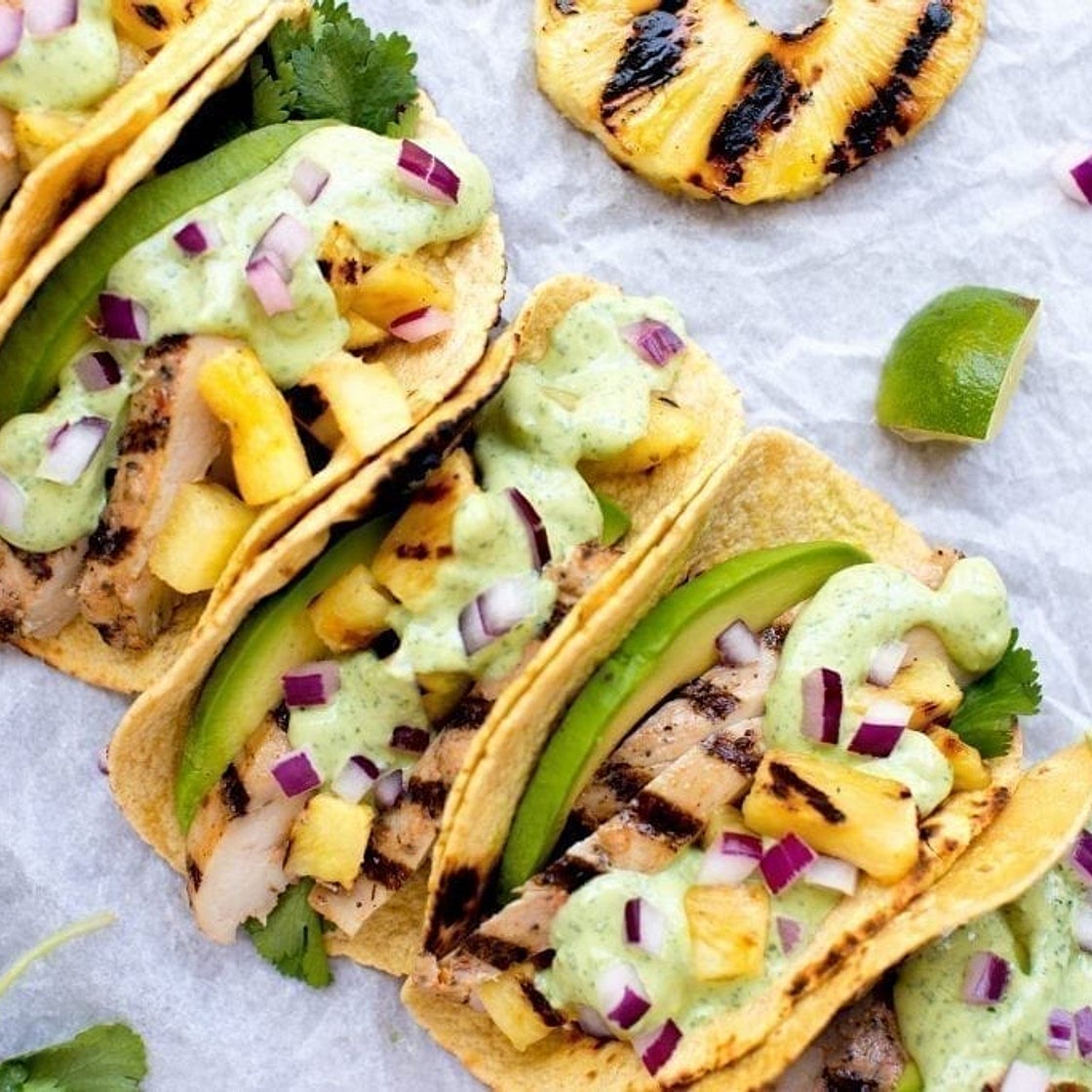 Grilled Pineapple Chicken Tacos with Avocado Crema | MyFitnessPal