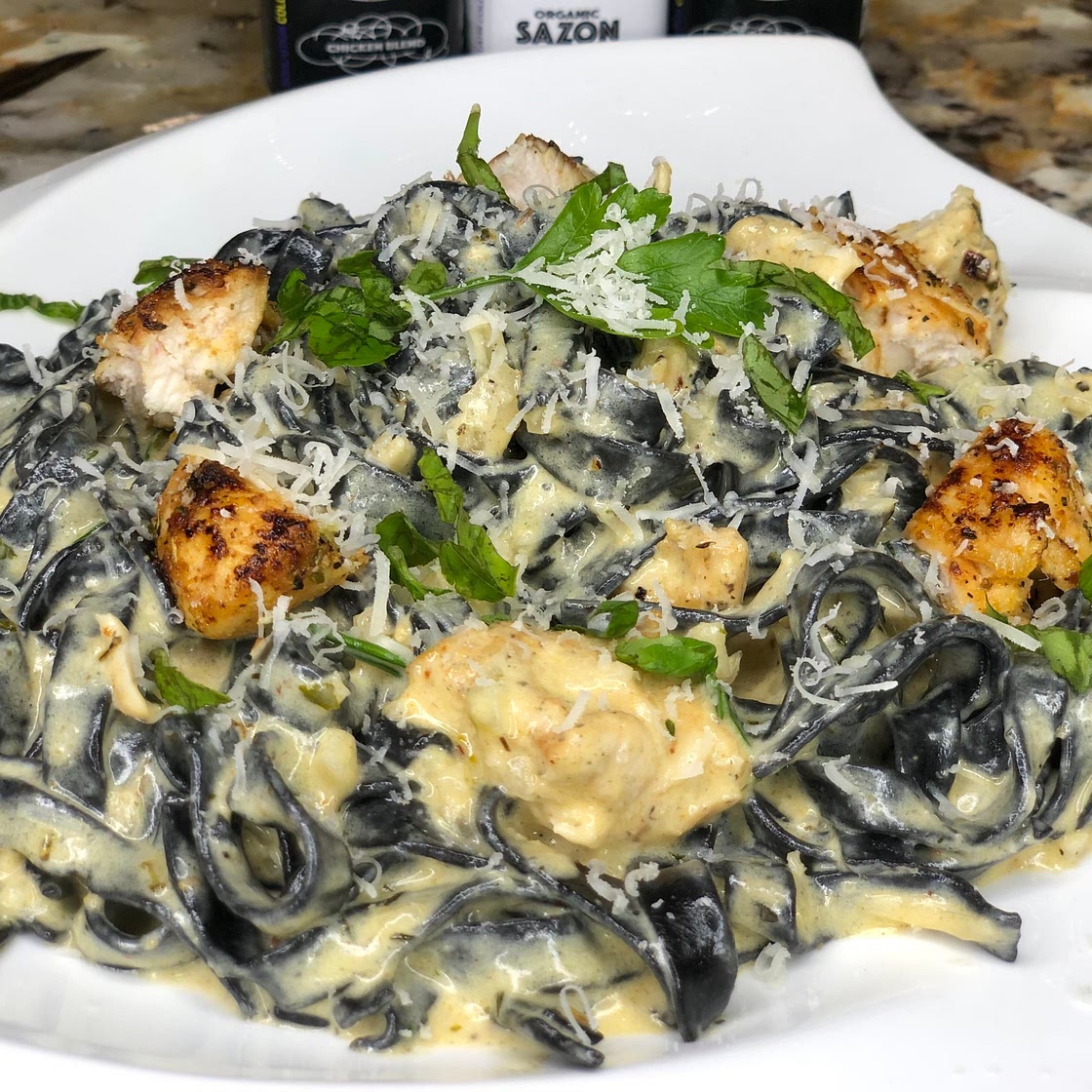 Squid Ink Fettuccini Chicken Alfredo