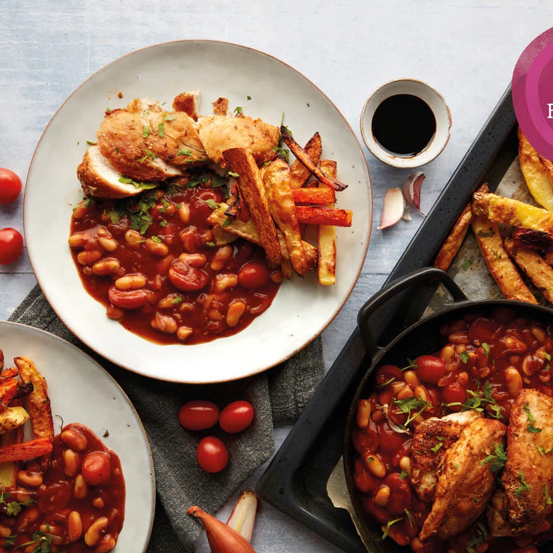 Mexican spiced chicken, herby fries & beans
