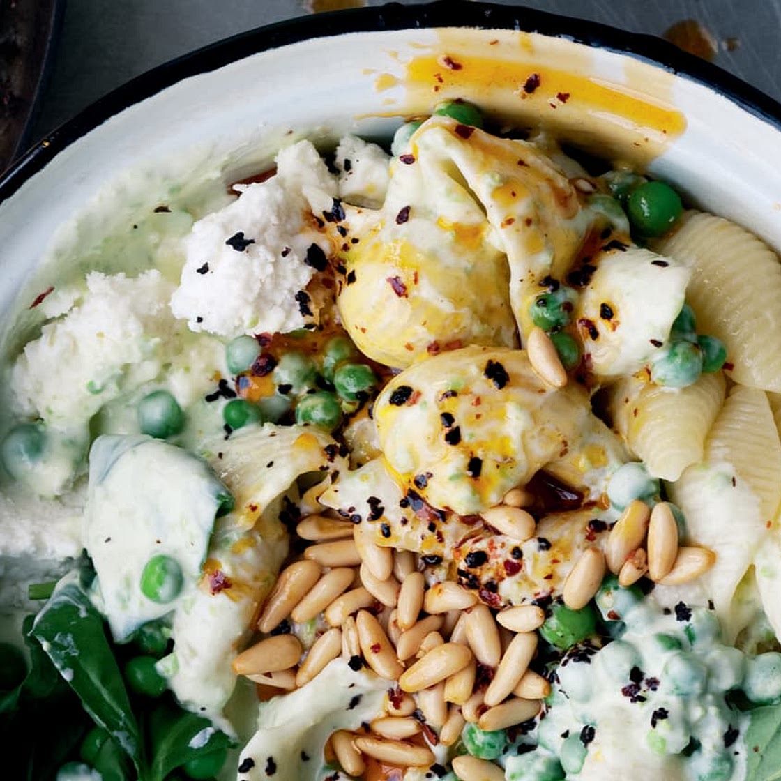 Pasta with Yogurt, Peas & Chile