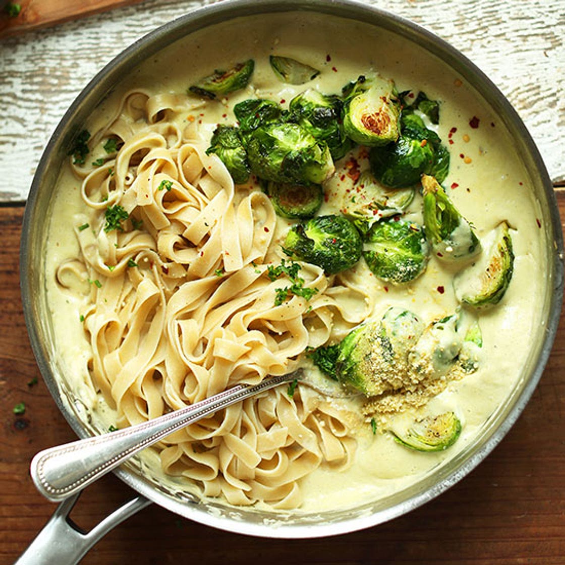 Garlic and White Wine Pasta with Brussels Sprouts