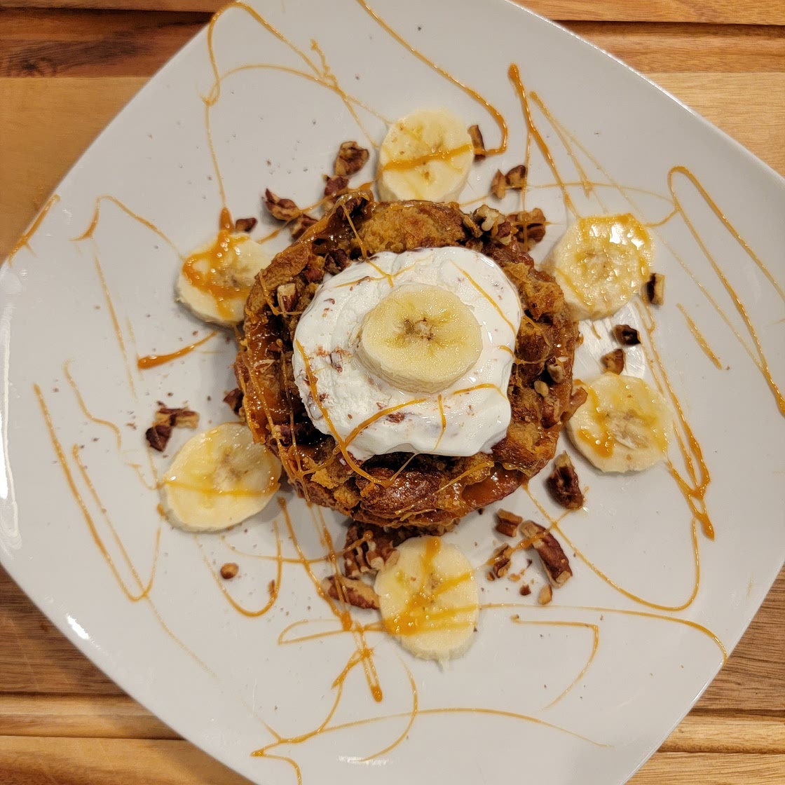 Air Fryer Banana's Foster Bread Puddingw/ Crunchy Run Soaked Pecans