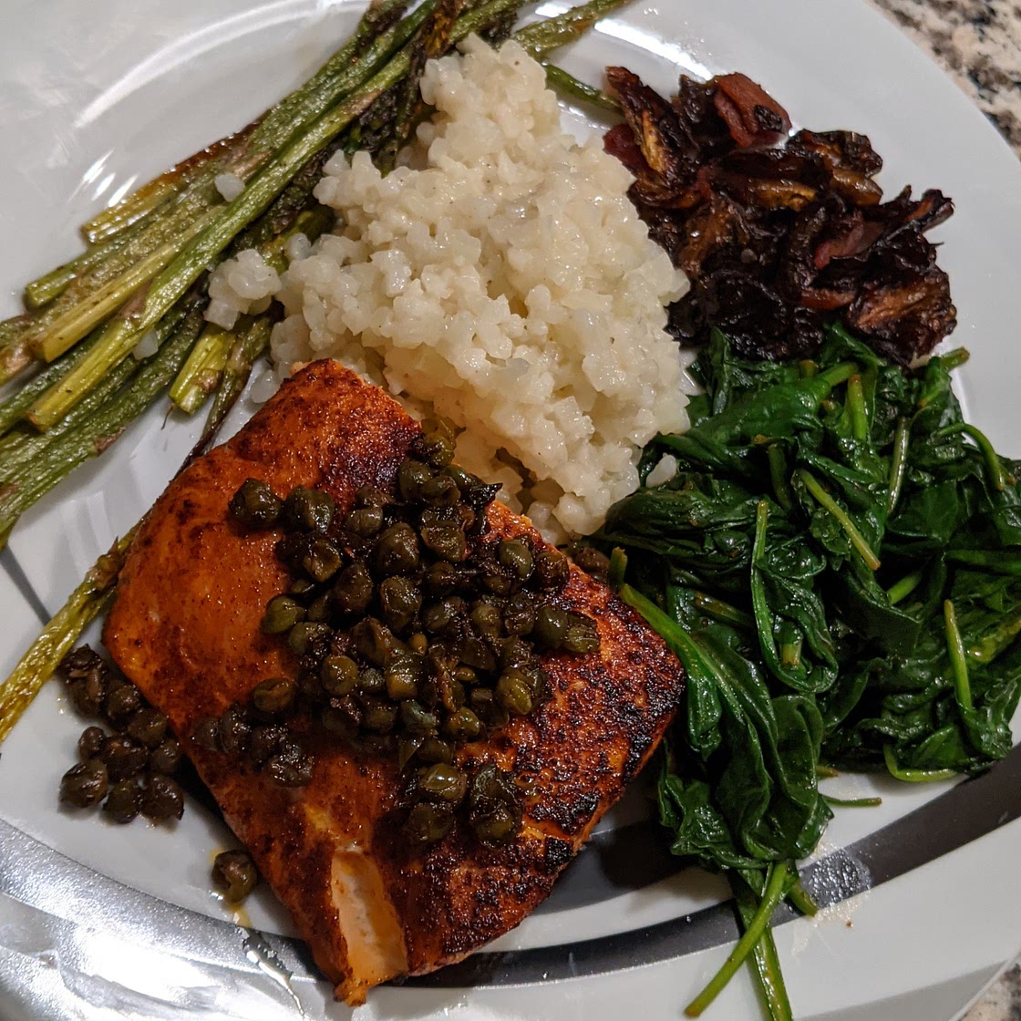 Chili Salmon with Fried Capers & Wilted Spinach