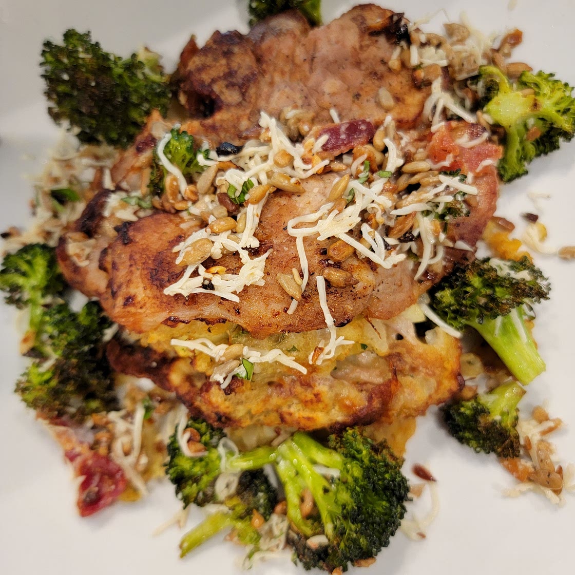 Air Fryer Bacon, Havarti Cheese and Green apple Stuffed Pork Chops w/ Parmesean and Garlic Roasted Broccoli Florets