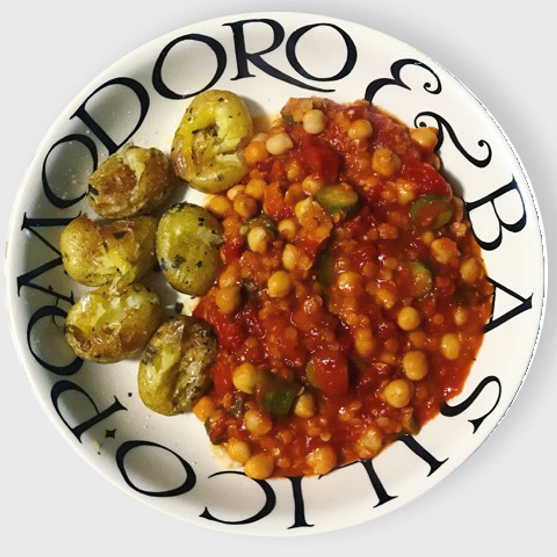 Crushed Herby Potatoes with Chickpeas and Lentils