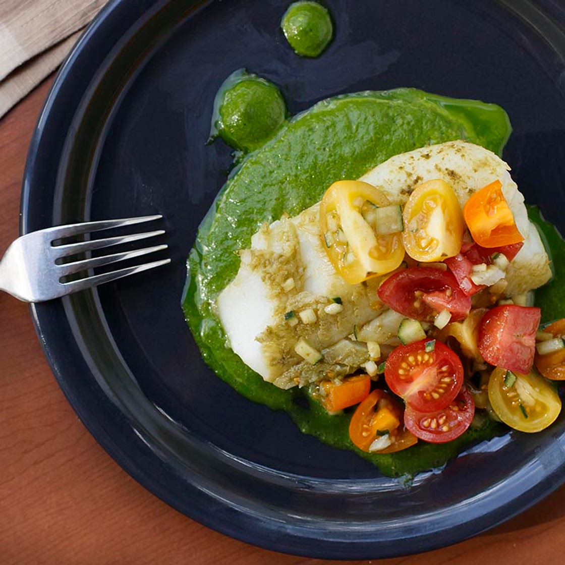Matcha Baked Cod with Spinach Pesto and Tomato Salad