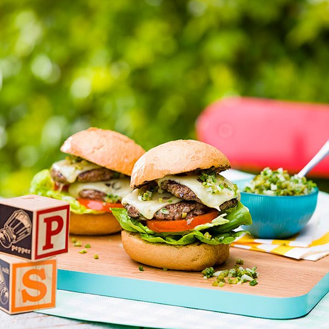 Double-swiss and green chilli relish burgers