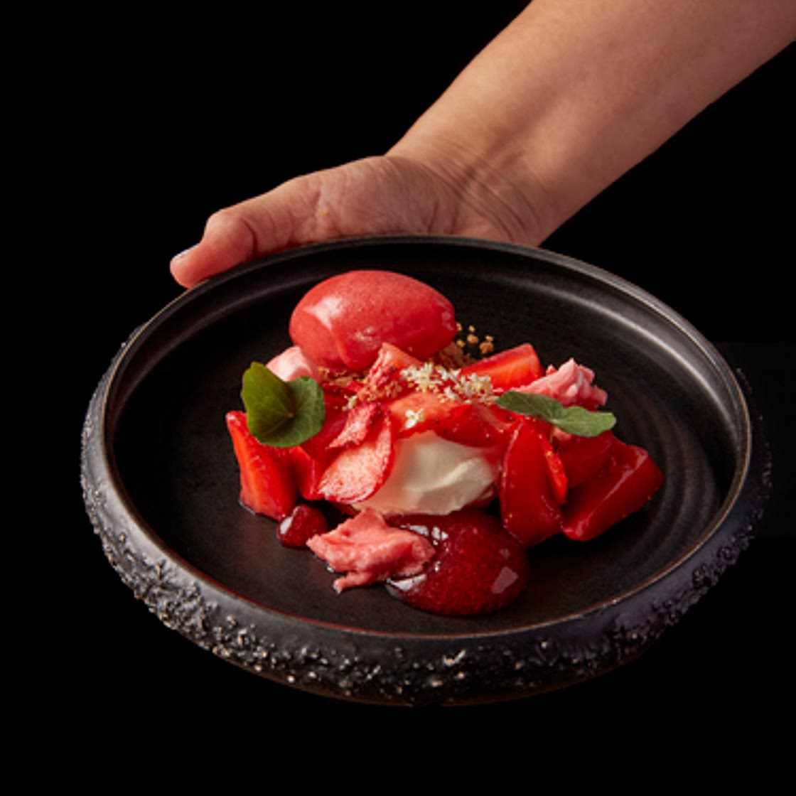 Strawberries with cultured cream, elderflower and brown butter sable by Laura Petersen