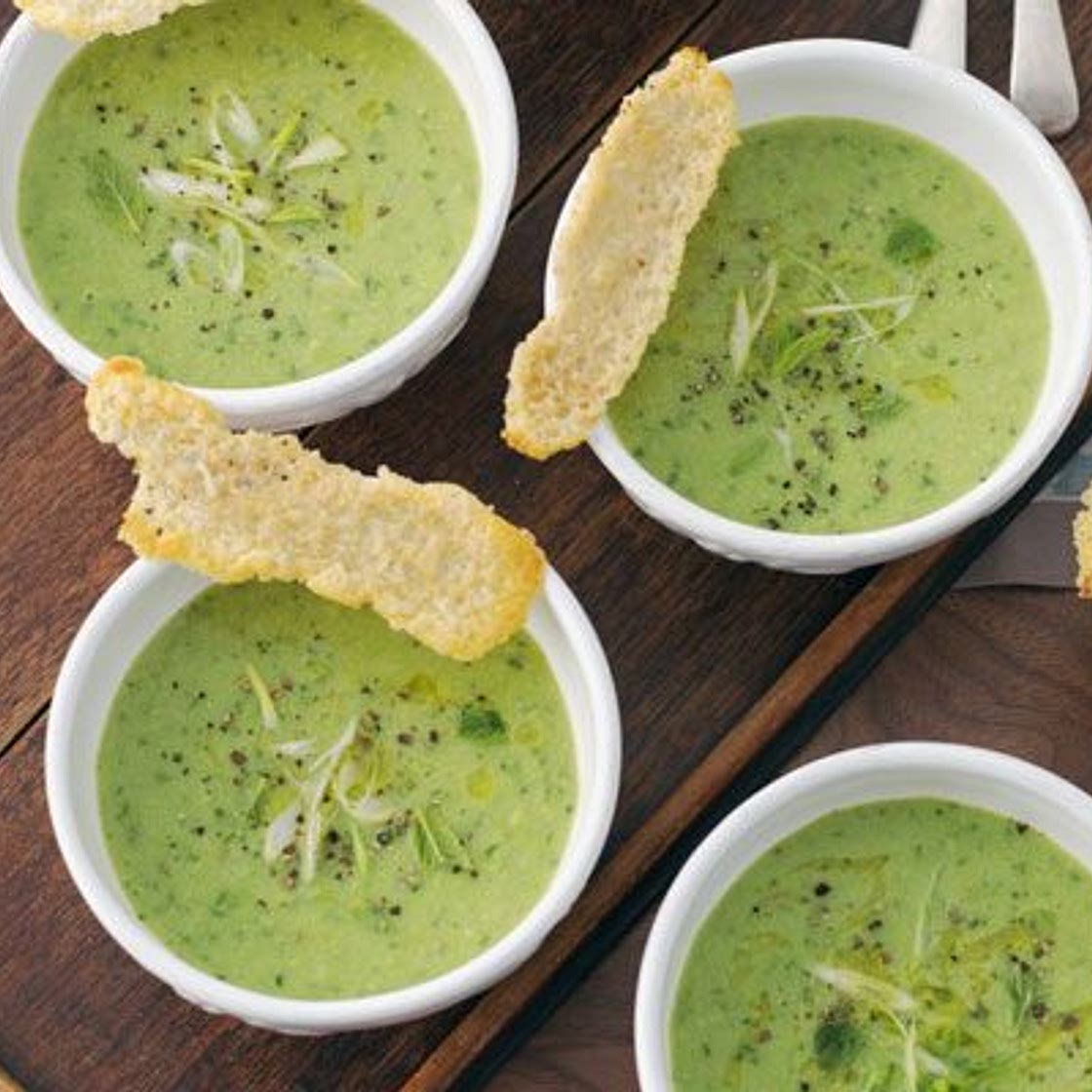 Pea, mint & spring onion soup with parmesan biscuits