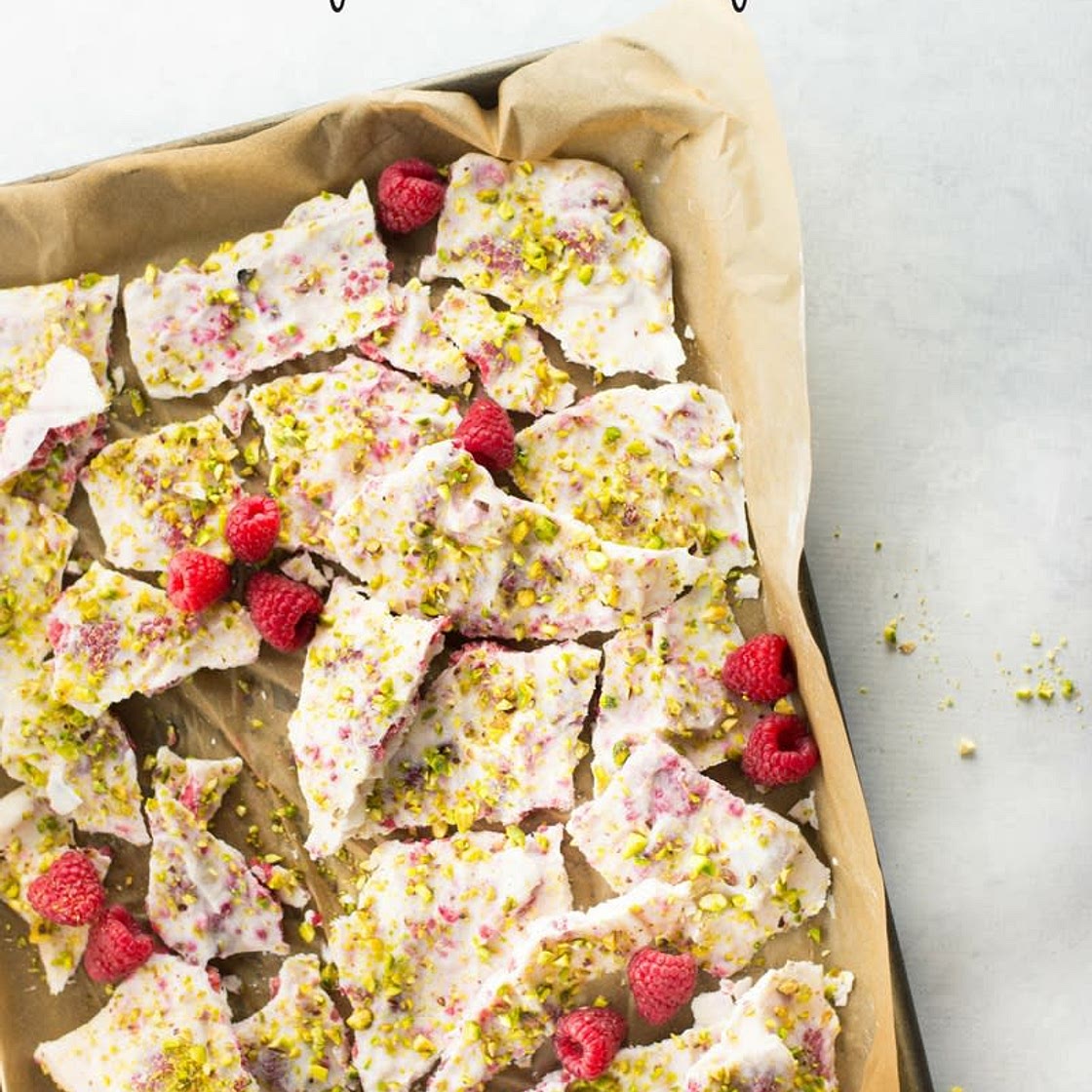 Frozen Greek Yogurt Bark with Raspberries and Pistachios