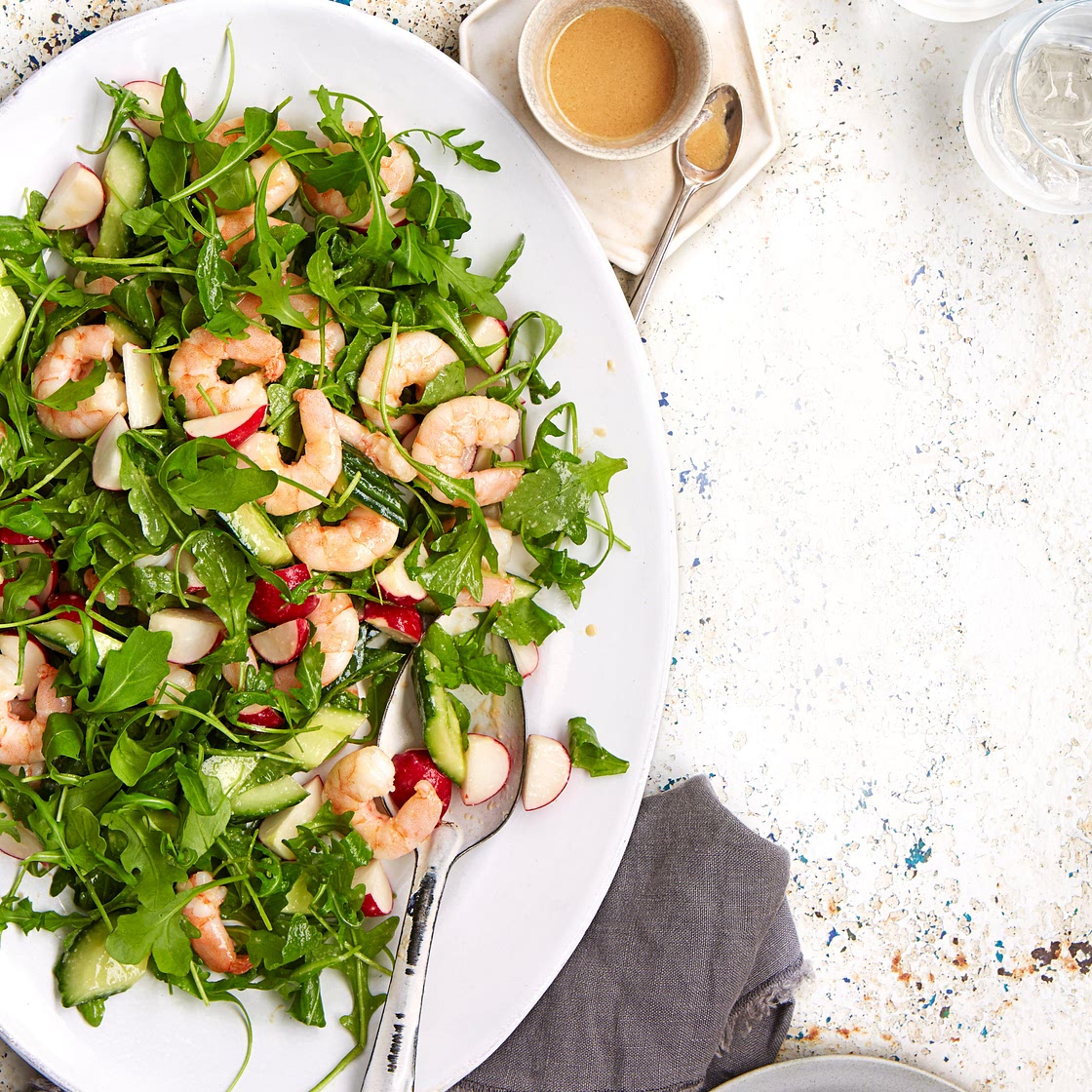 Prawn, cucumber and avocado salad with miso dressing
