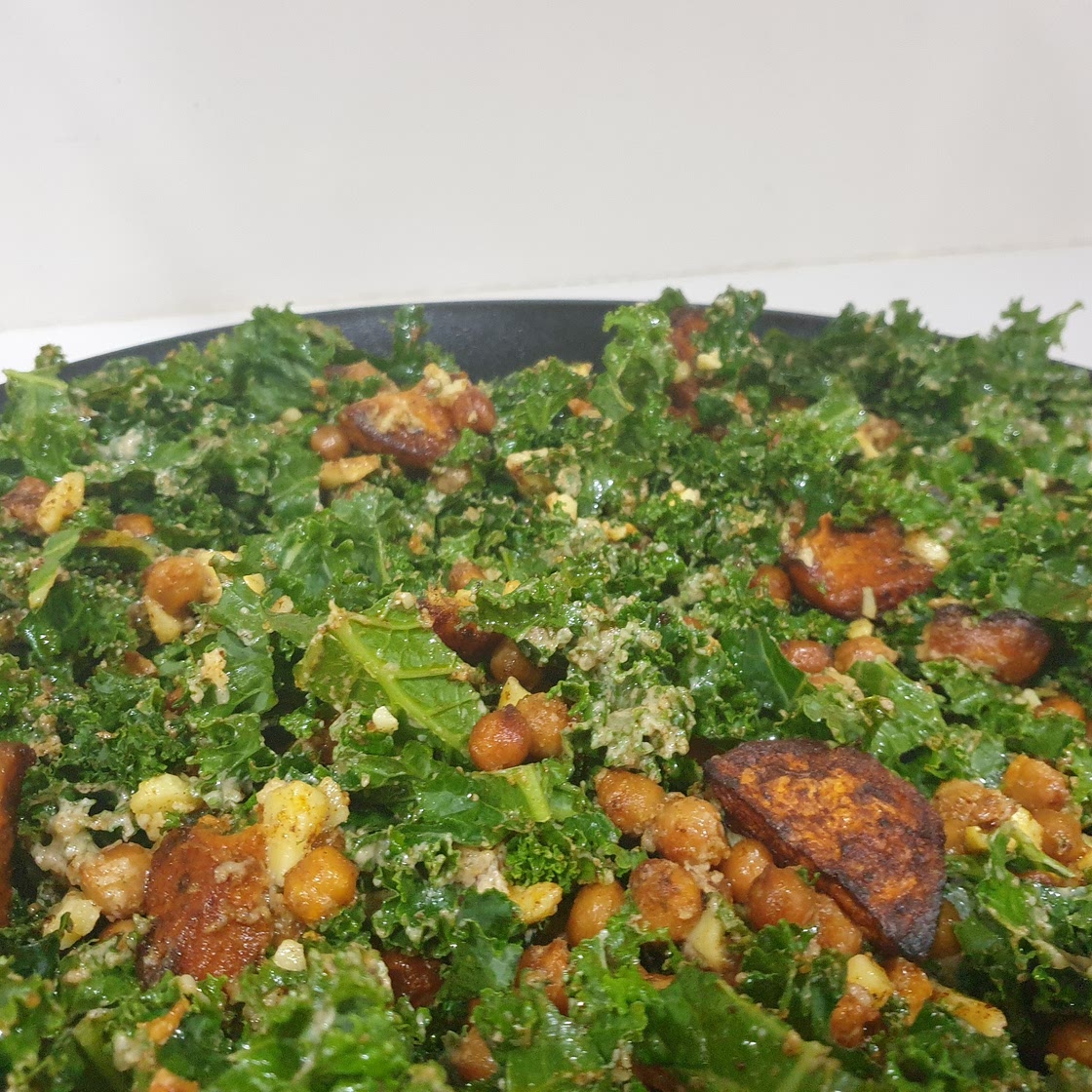 Kale Caesar Salad with Sweet Potatoes and Crispy Chickpeas