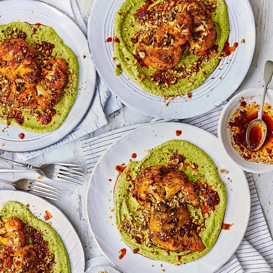 Roasted harissa cauliflower with warm coriander hummus and dukkah