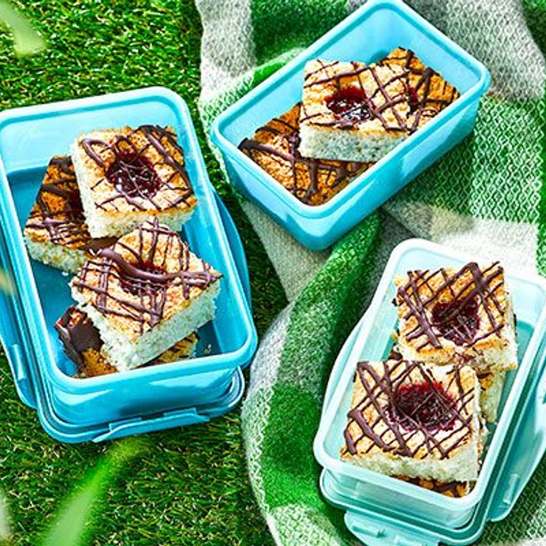 Coconut & jam macaroon traybake