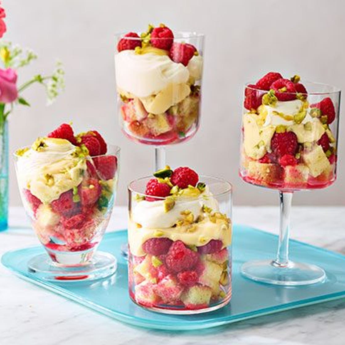 Raspberry, pistachio & lemon curd trifles