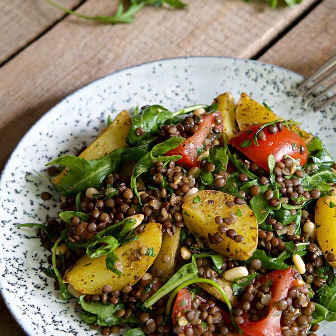 Baked Potato Salad with Lentils, Tomatoes and Arugula