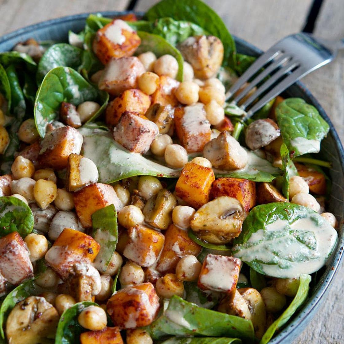 Spinach Salad with Baked Pumpkin, Balsamic Mushrooms, Chickpeas and Tahini Dressing