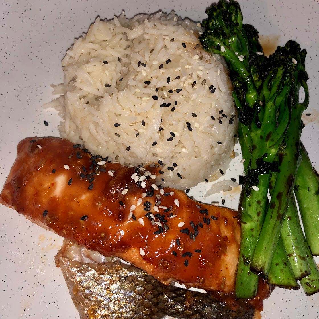 Honey, Chilli & Garlic Glazed Salmon & Greens