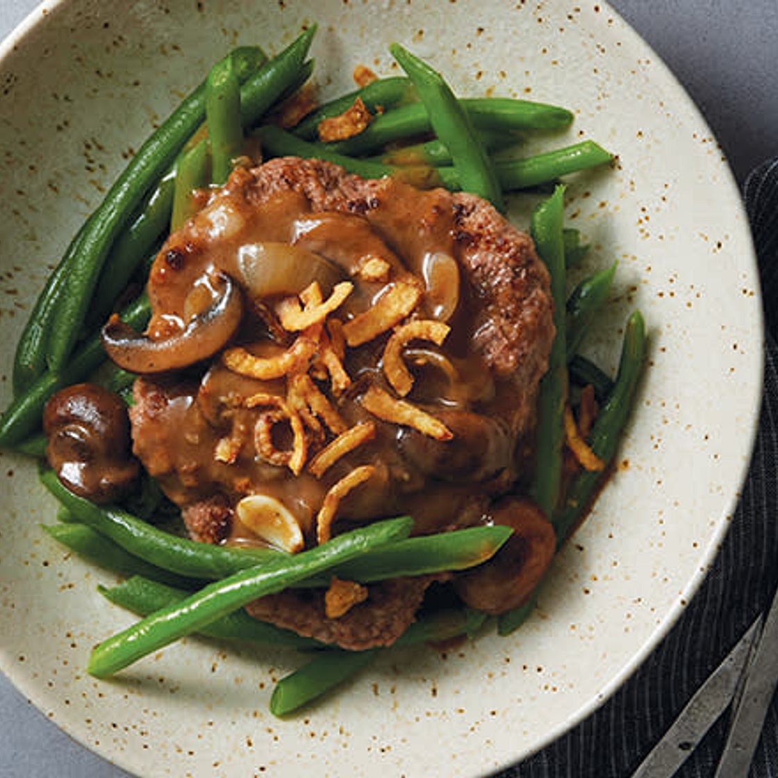 Beef with mushroom gravy over green beans