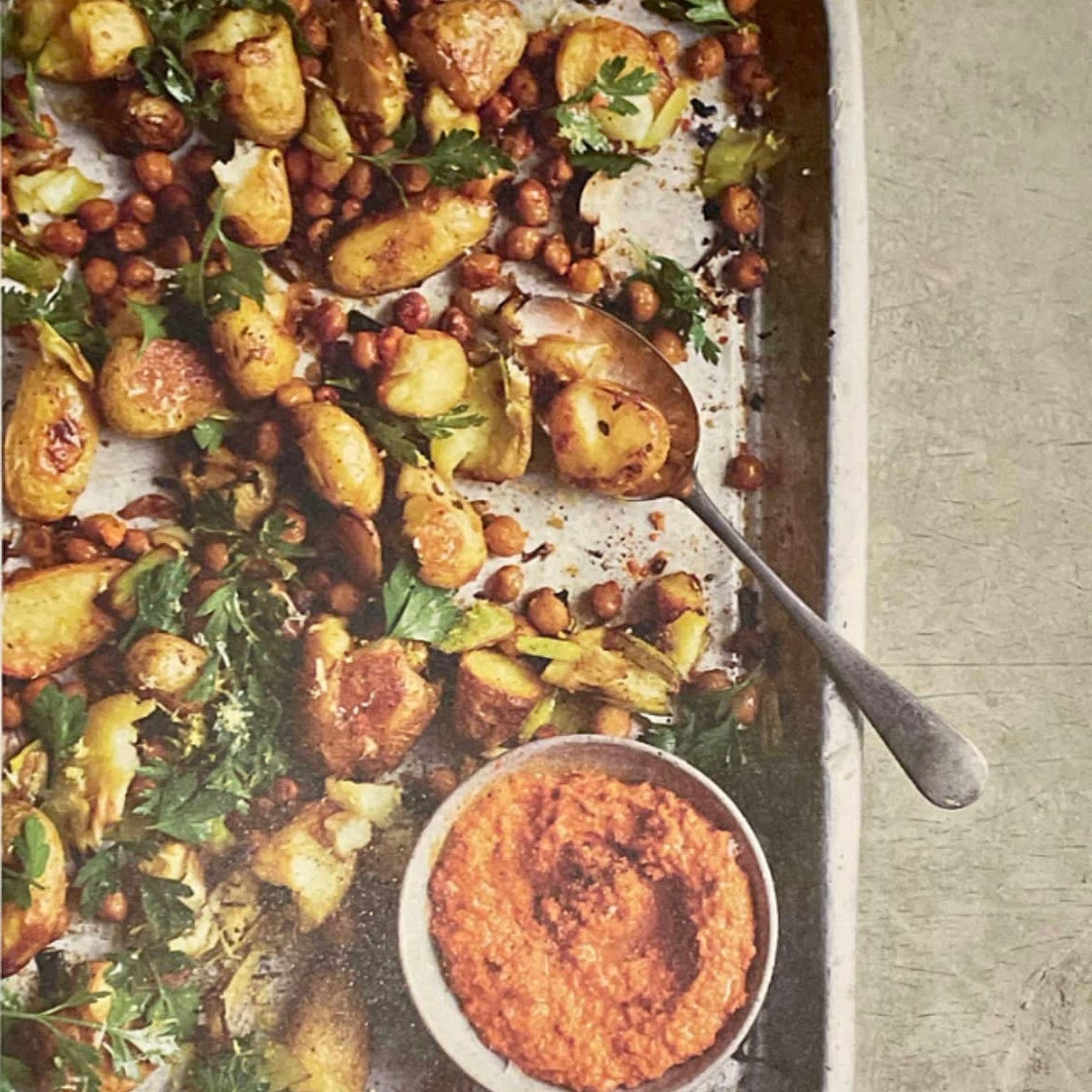 Leek and Potato Traybake with Romesco