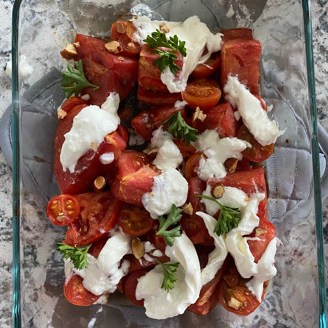 Honey Roasted Tomatoes with Burrata and Pistachios