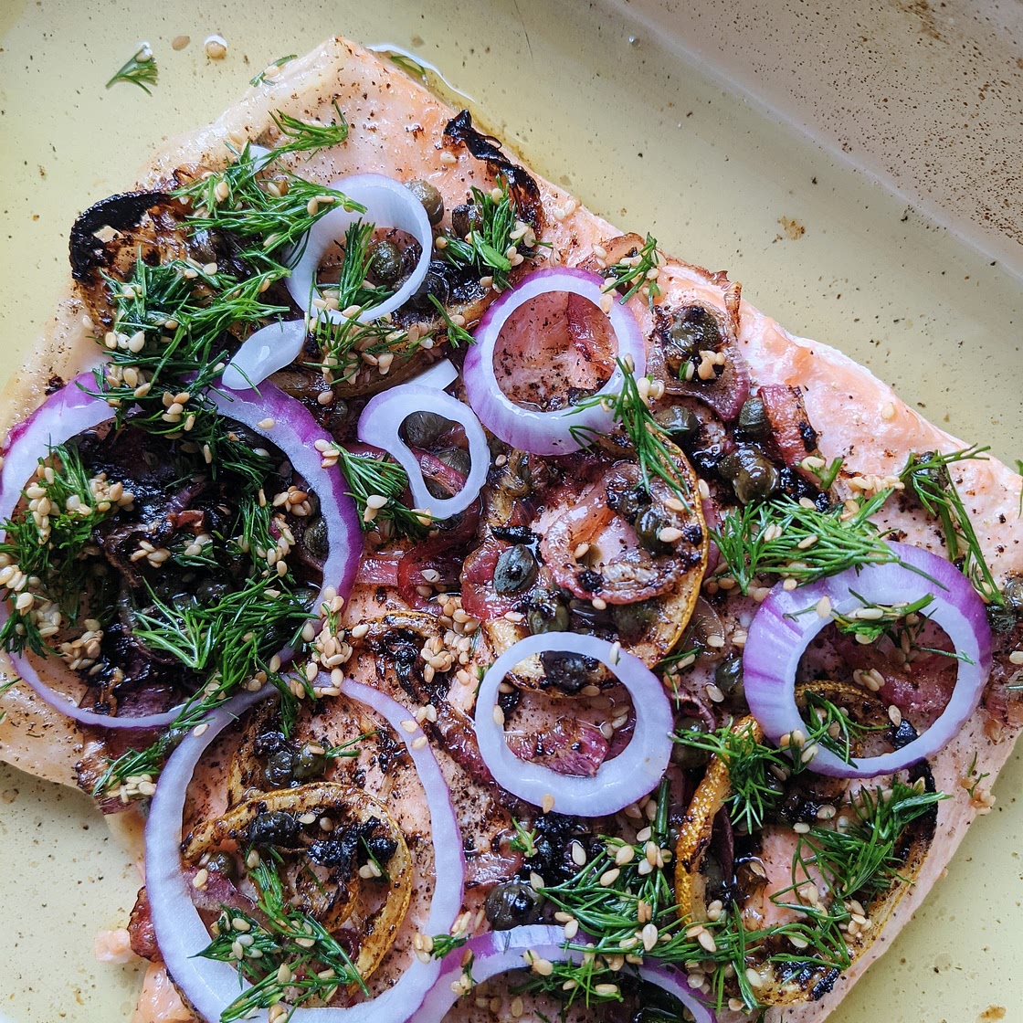 Buttered Salmon with Red Onion, Capers & Dill