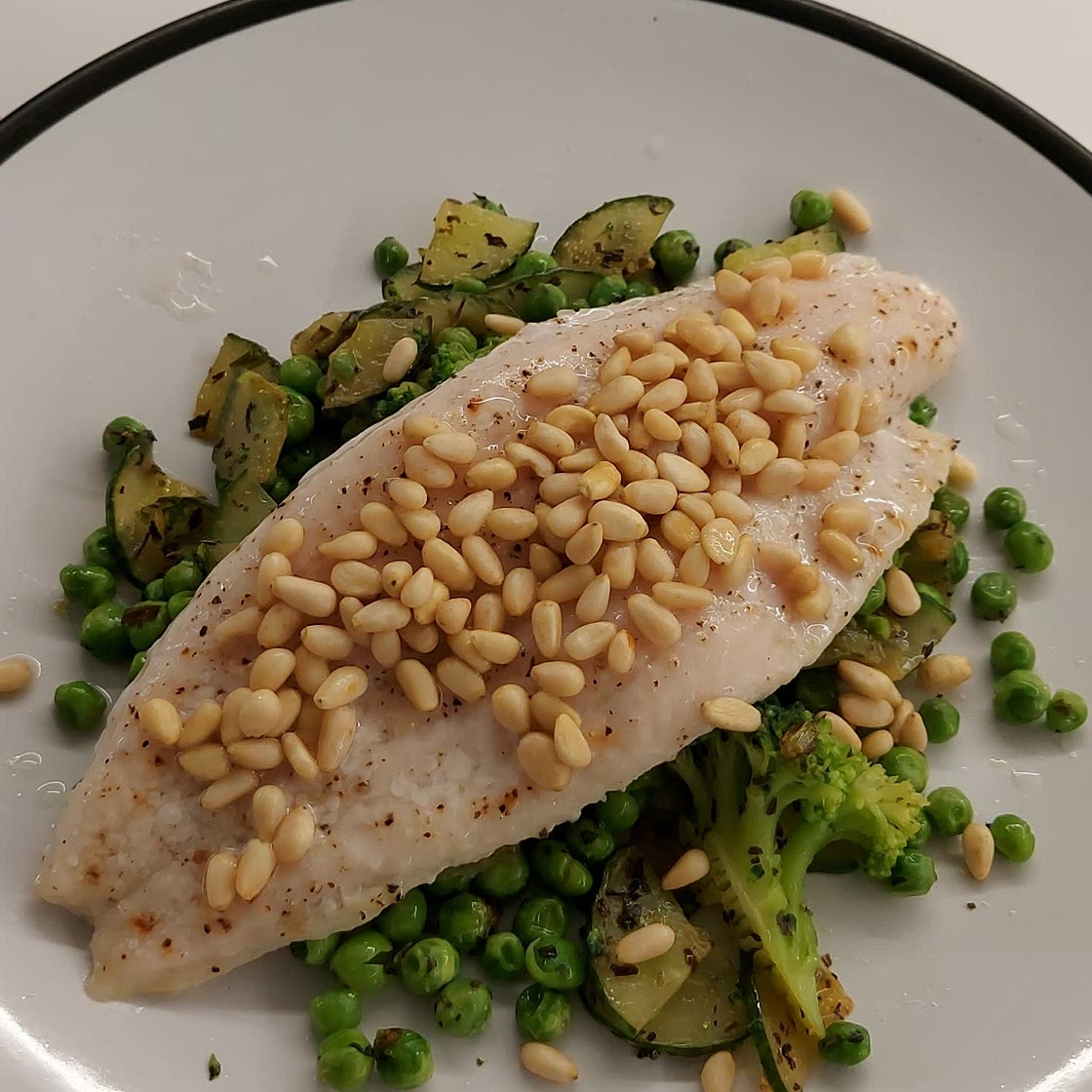 GRILLED SEA BASS WITH MINTED PEAS