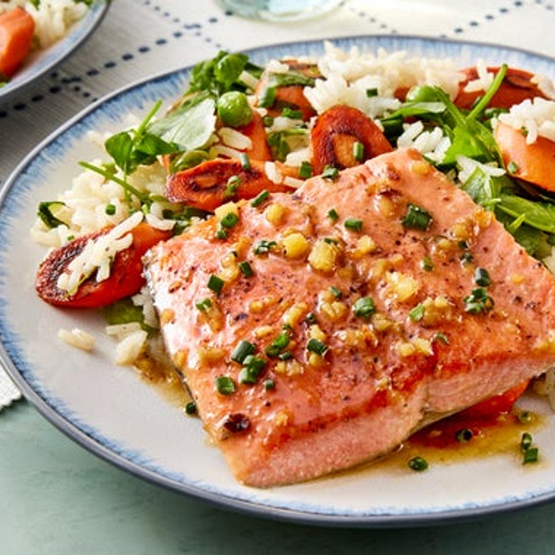 Seared Salmon & Lemon-Ginger Sauce with Carrots, Peas, & Rice