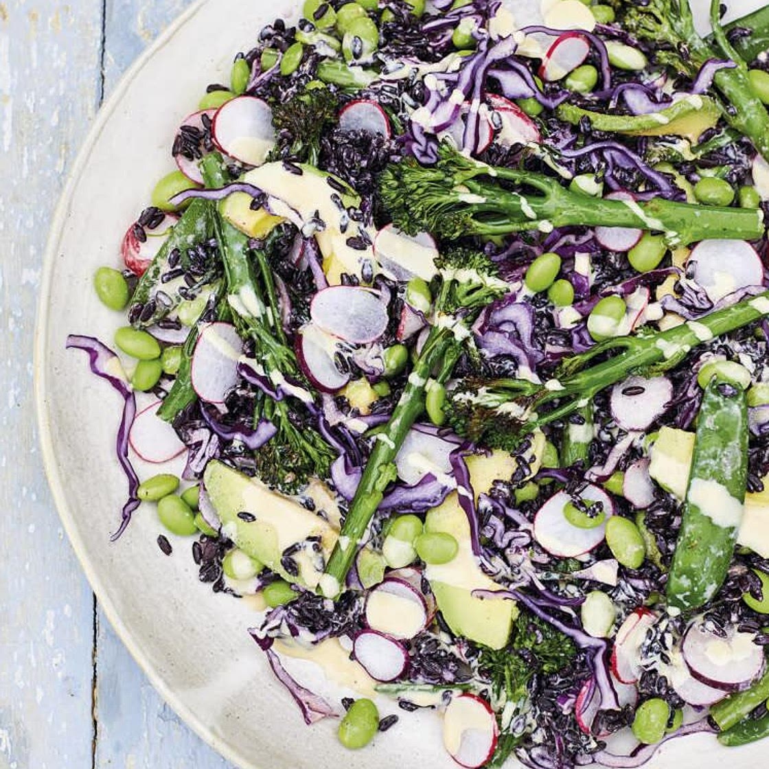Forbidden Rice Salad with Blistered Tenderstem and Miso Dressing