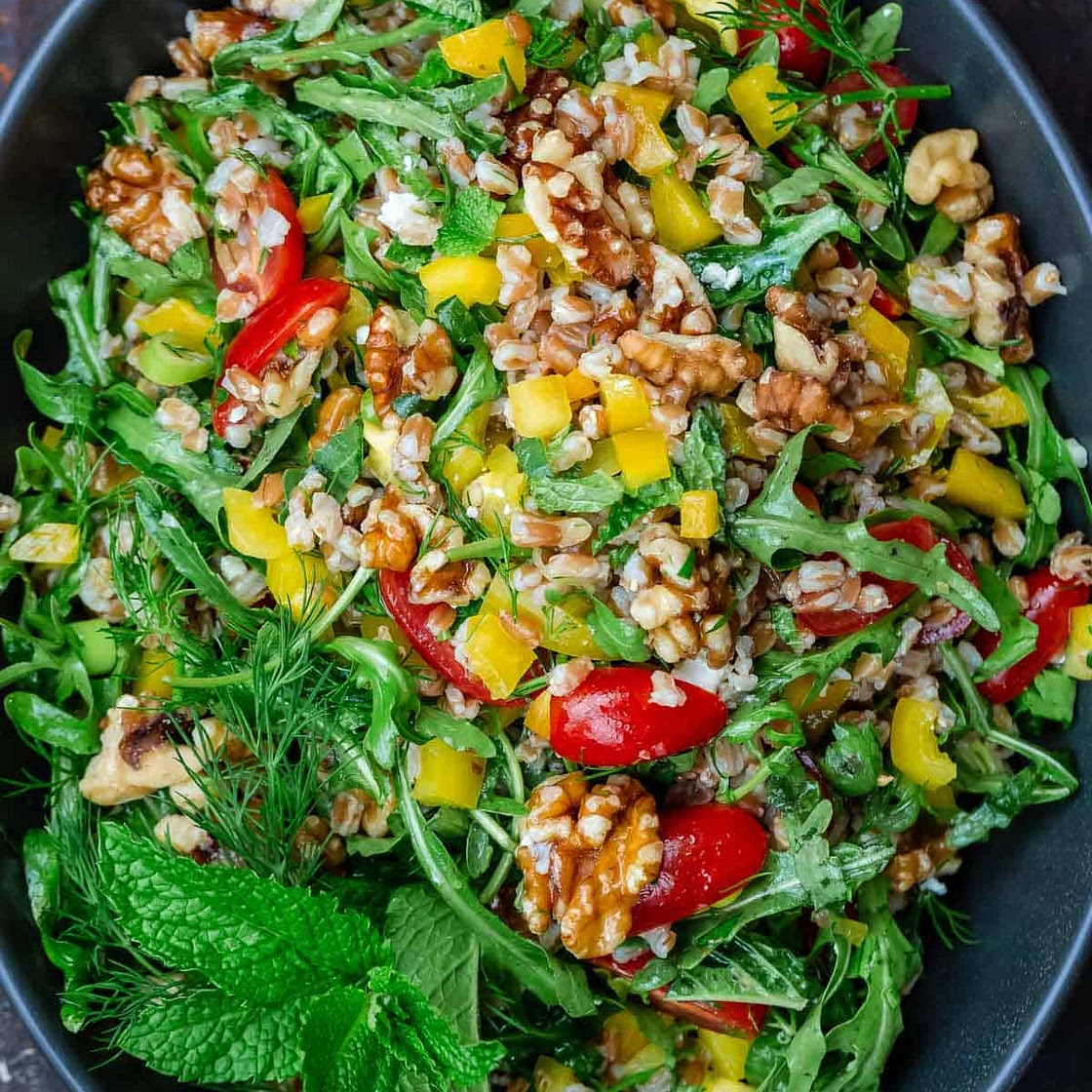 Mediterranean Farro Salad with Arugula and Walnuts