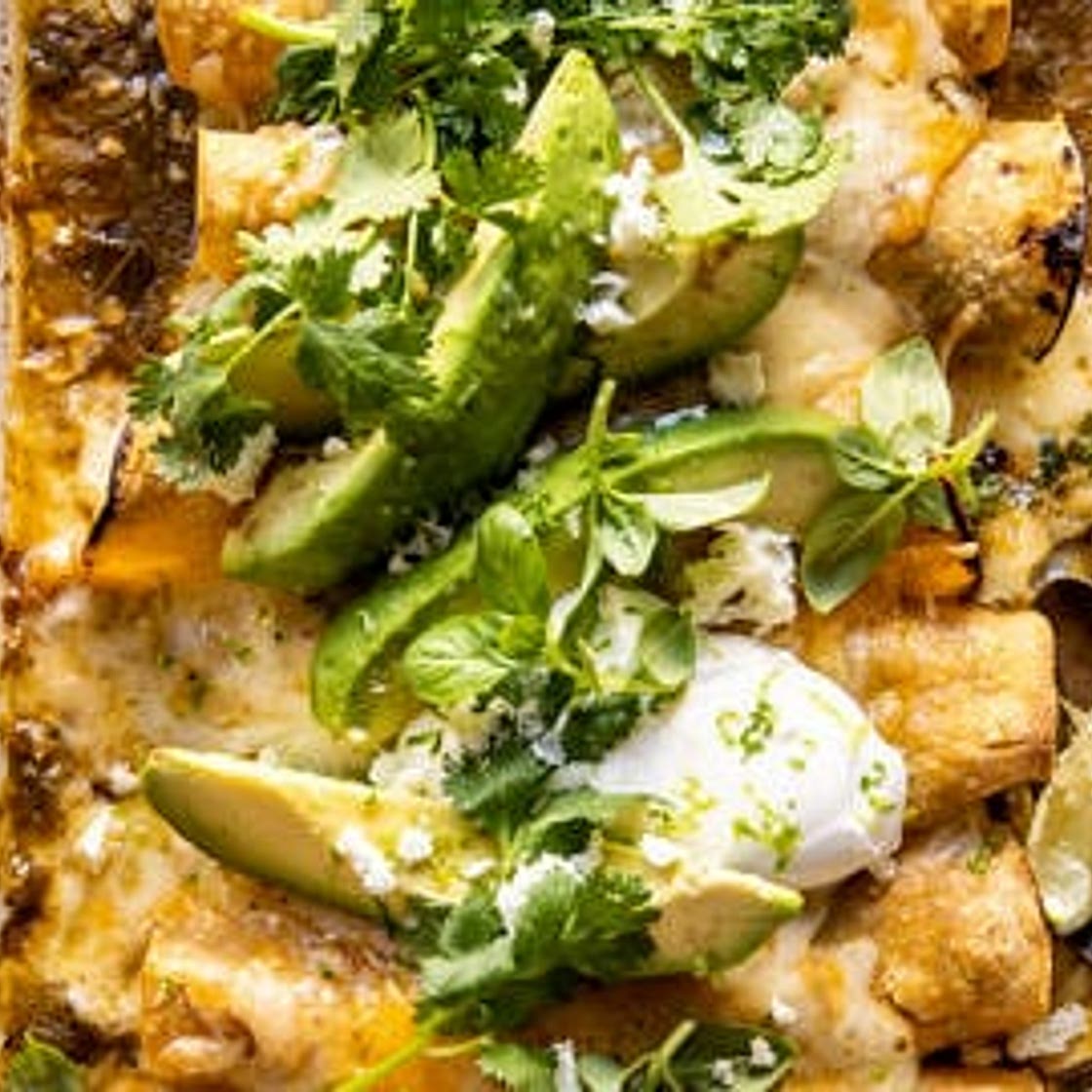 Sheet Pan Cheesy Poblano Corn Enchiladas