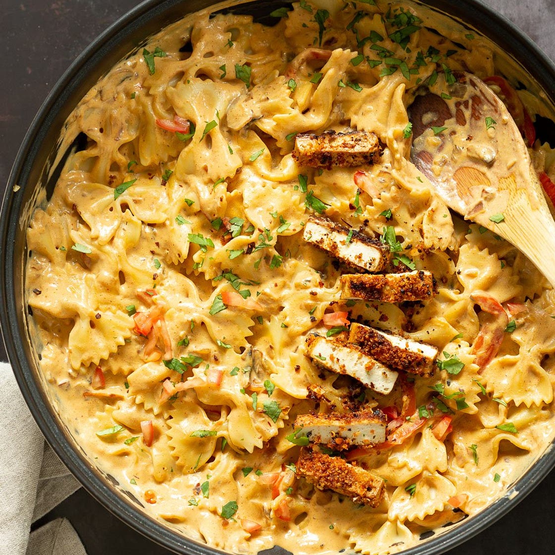 Vegan Creamy Cajun Pasta with Breaded tofu