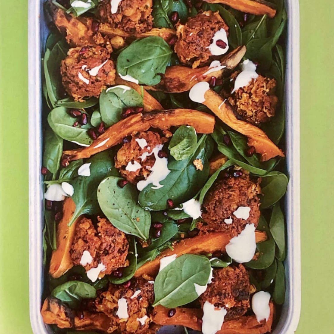 Cannellini Bean Falafel with Potato Wedges, Spinach, and Pomegranate