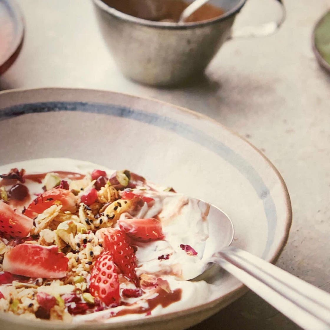 Fruit and Yogurt with Sesame Crumble and Tahini-Date Syrup